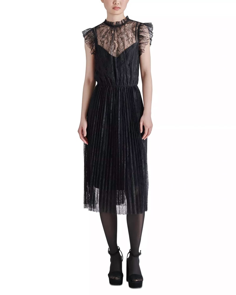 Front of a model wearing a size L Izzo Lace Dress In Black in Black by STEVE MADDEN. | dia_product_style_image_id:346859
